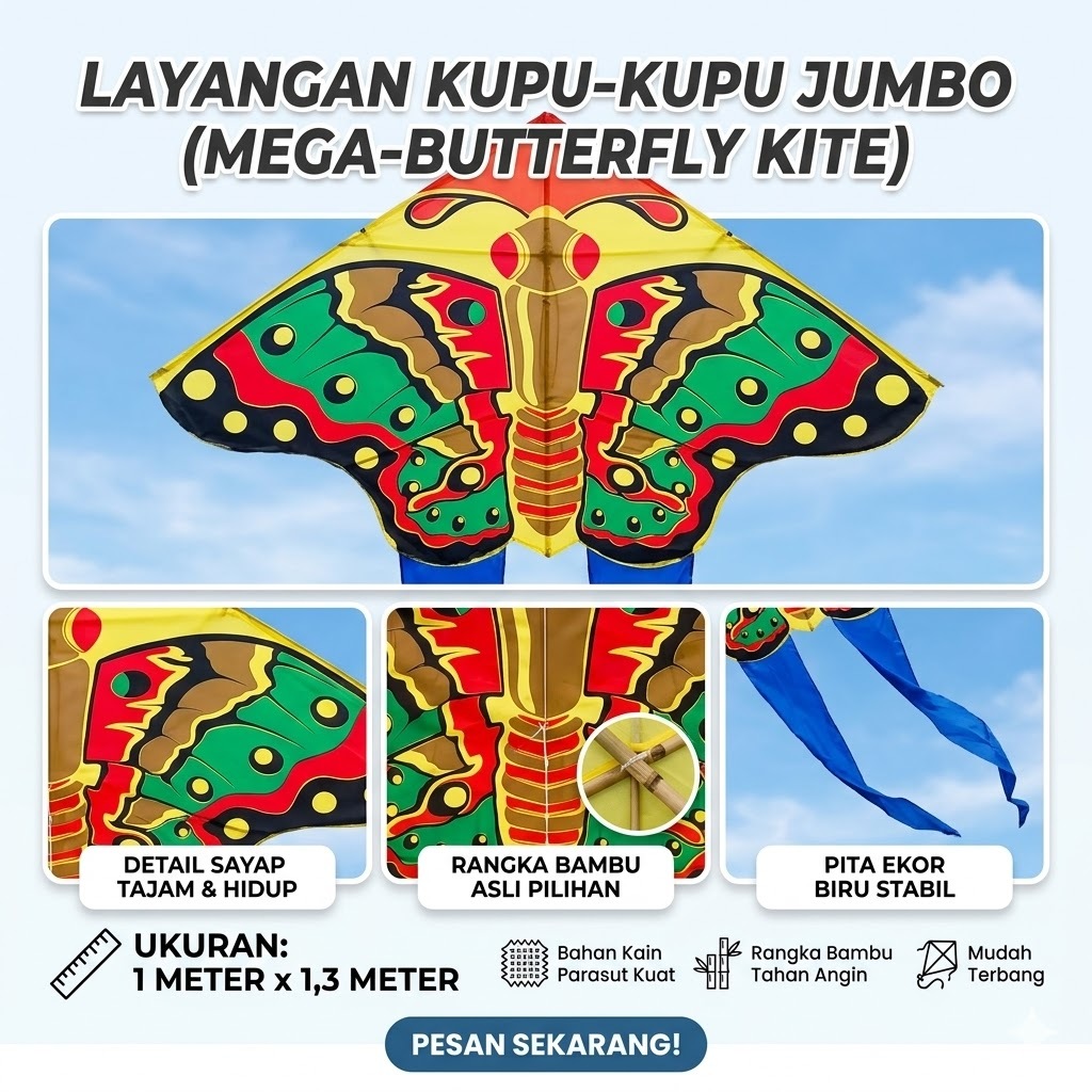 Promo layangan / layang-layang kupu mainan anak-anak 1 meteran