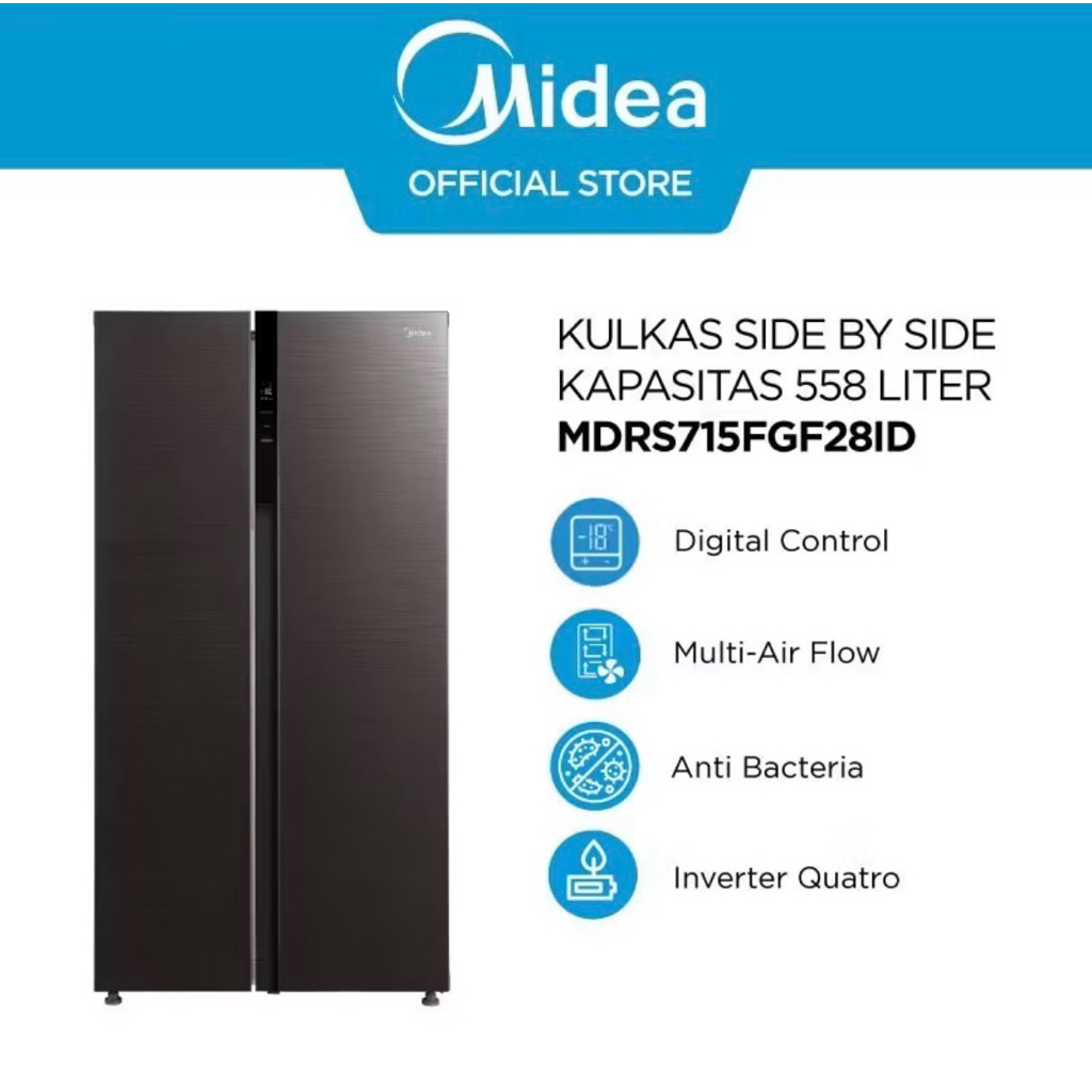 MIDEA SIDE BY SIDE MDRS715FGF28ID (558L) Kulkas Midea Side by Side garansi 12 tahun
