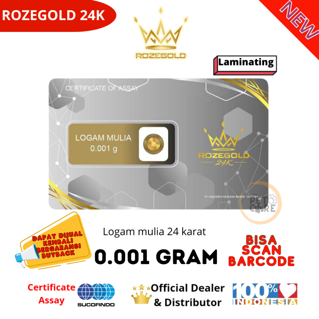 ROZEGOLD 24K Emas Mini Logam Mulia 0.001 Gram Laminating