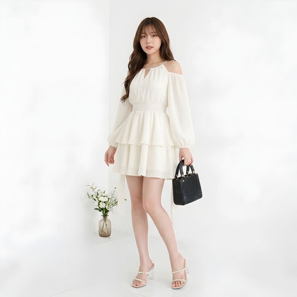 Dress Imeral Mutiara Sabrina Off Shoulder Wanita Korea Gaun Putih Pesta Modern Ro