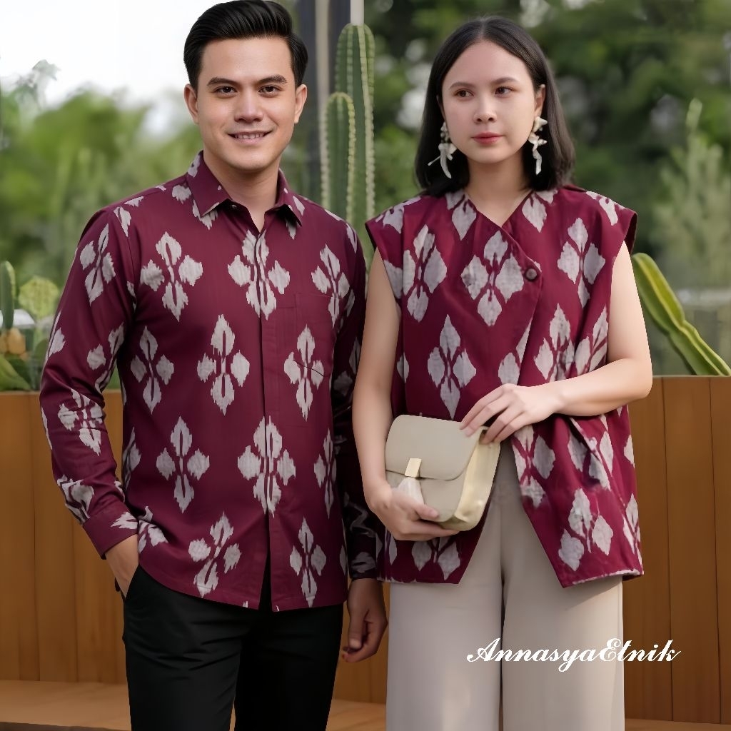 Set Couple Batik Tenun-Rompi Wanita-Kemeja Pria-Atasan Batik Kerja Wanita-Seragam Kantor