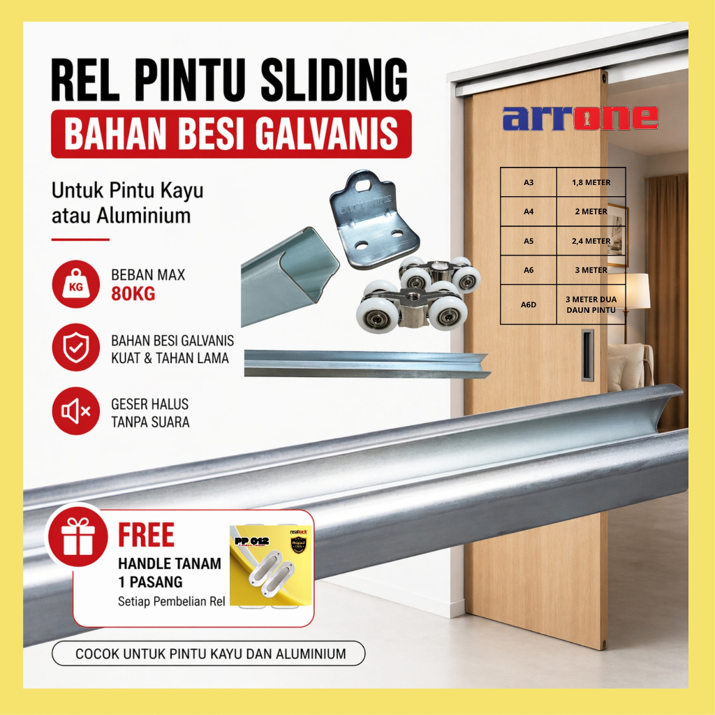 ARRONE Rel pintu geser Rel Pintu sliding komplit tinggal pasang bonus pull plate original