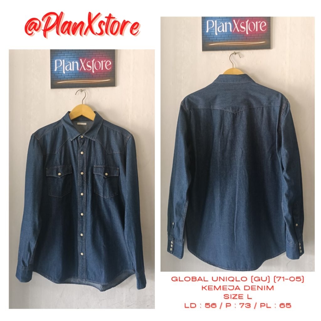 GLOBAL UNIQLO (GU) (71-05) KEMEJA DENIM DUA SAKU DEPAN SIZE L WARNA BIRU DENIM
