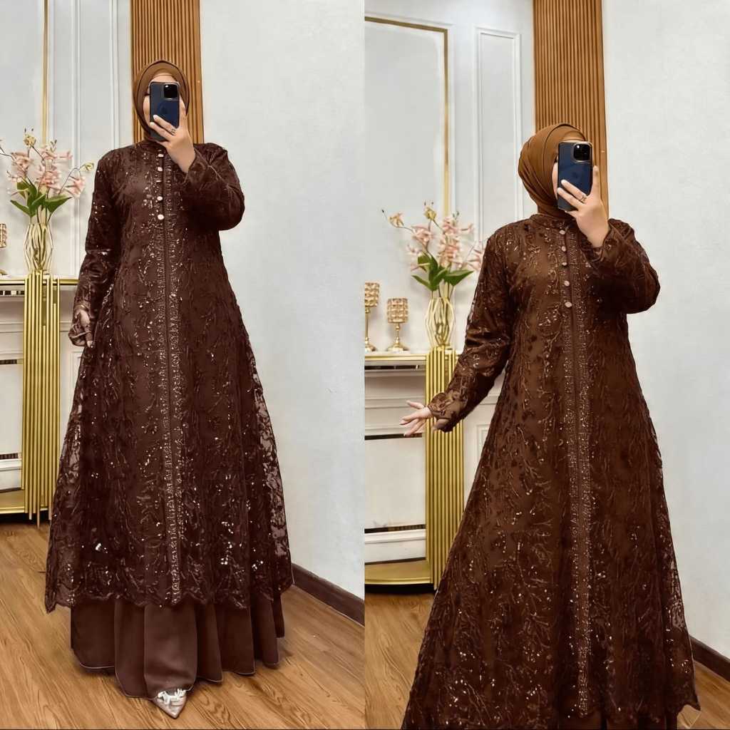 Leisia Dres Set Outher Brukat Aplikasi Swaroski Gamis Pesta Mewah Elegan Model Terbaru Gaun Pesta Se