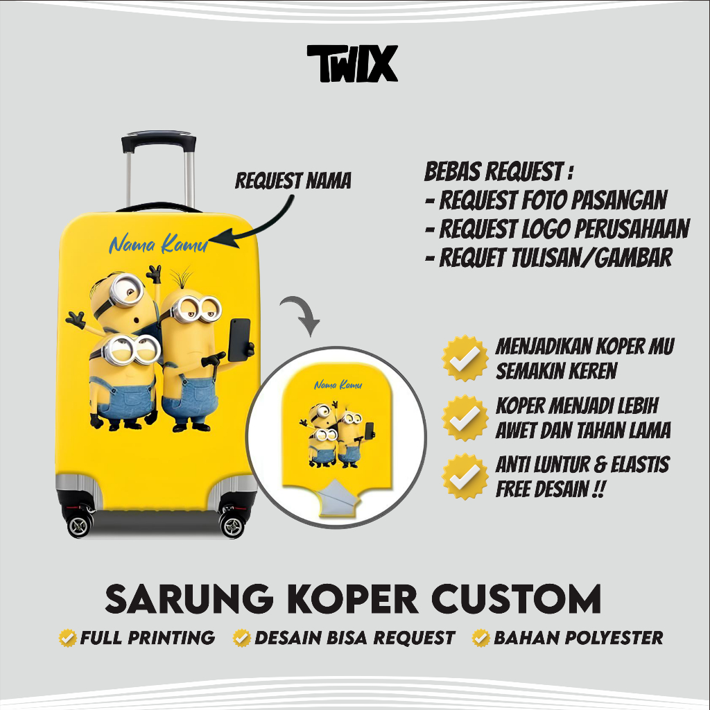 Sarung Koper Custom unik Full Printing Tema Minion Request Nama Sendiri Pelindung Koper Request Nama
