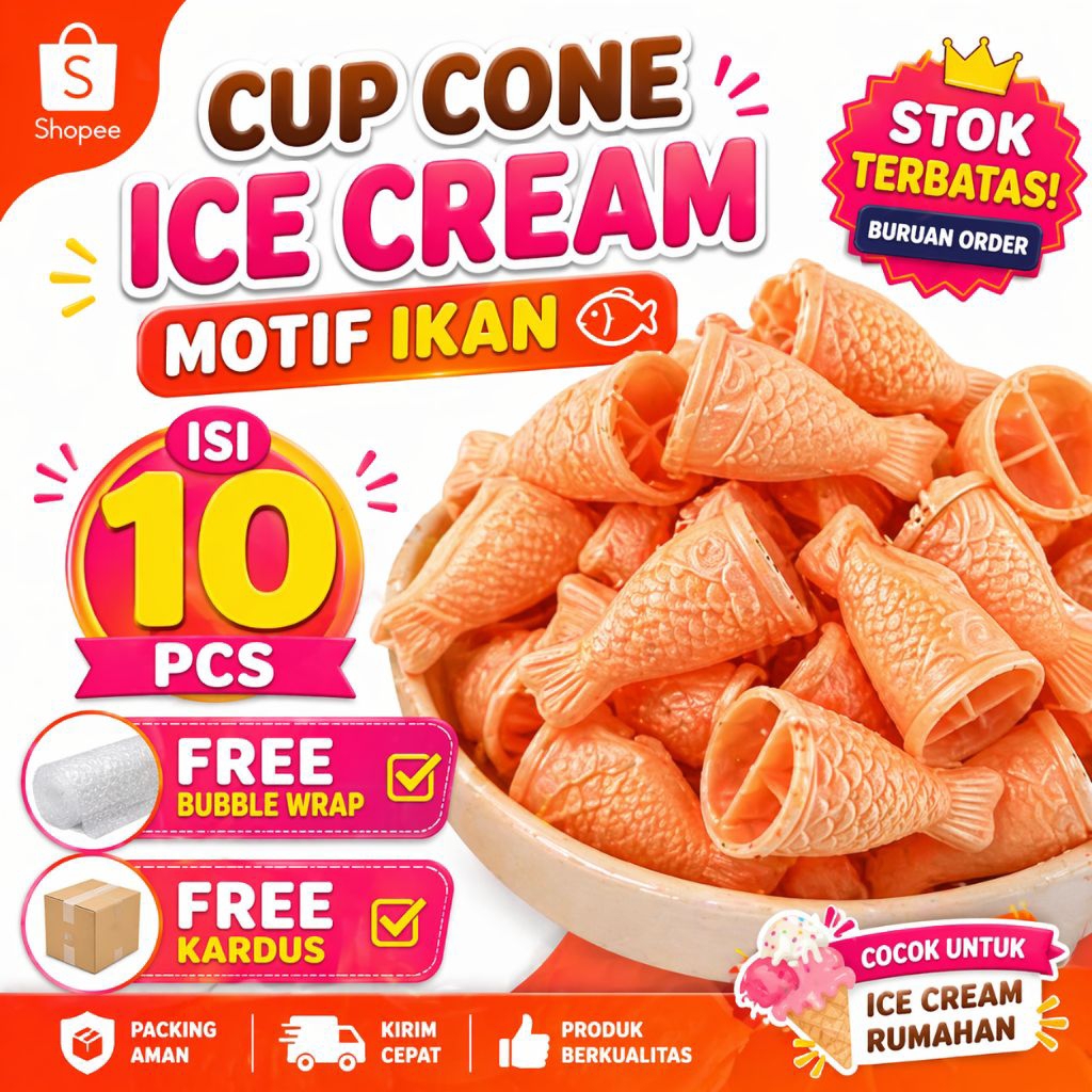 Cup Cone Ice Cream Mini Motif Ikan Isi 10 pcs | Cone Es Krim Lucu Unik | Free Bubble & Kardus | Stok
