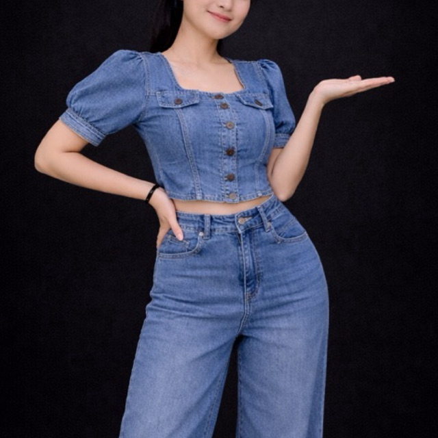 Blouse Jeans Blue Crop Premium Import Bangkok BKK