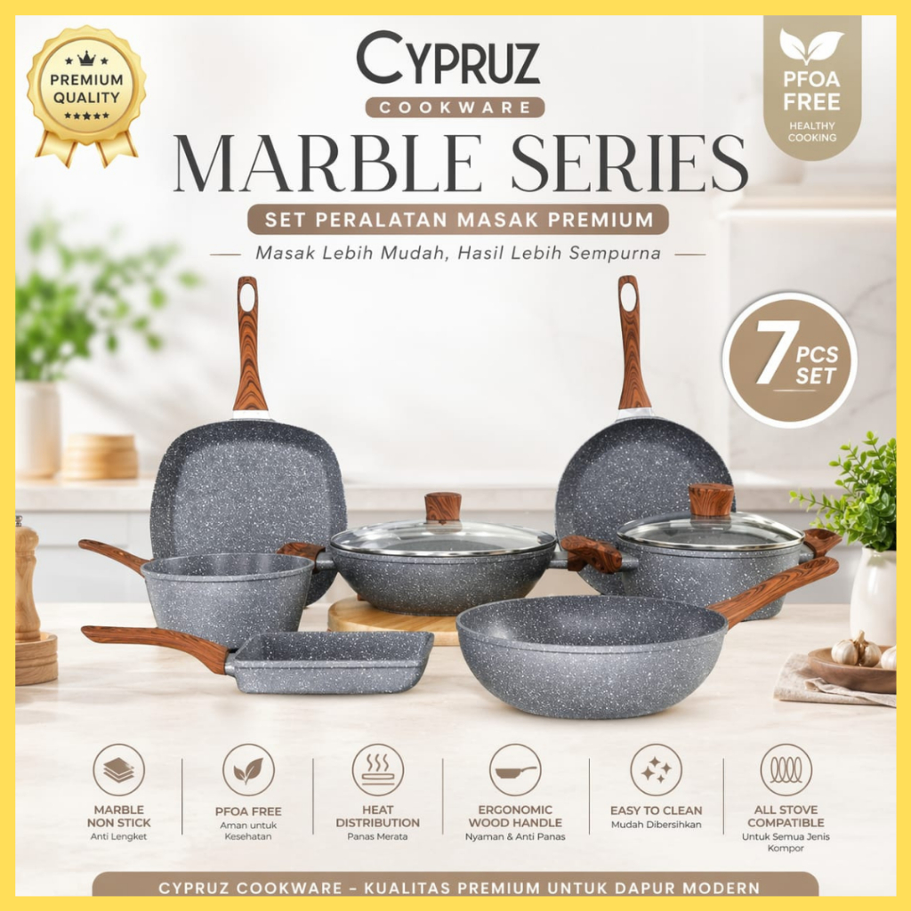 Cypruz Cookware Marble Set 7pcs Panci Set Anti Lengket Induksi PFOA Free Wajan Frypan Saucepan Lengk