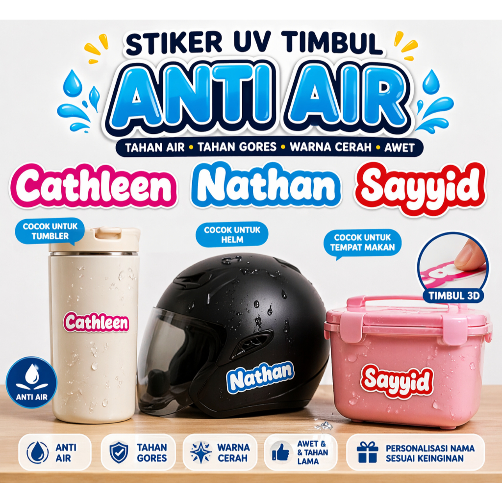 Stiker OUTLINE Nama UV TIMBUL TAHAN AIR | Cutting Sticker Nama Custom | sticker label nama anti air 