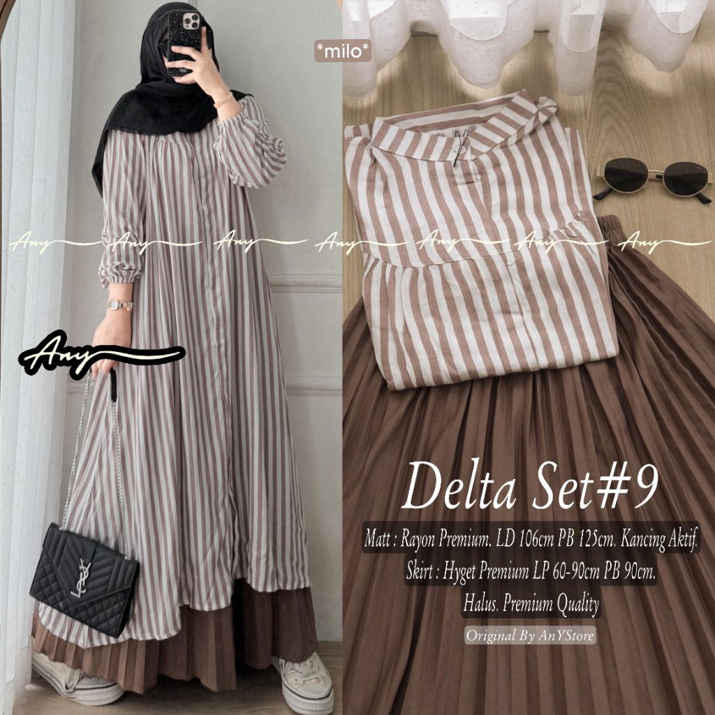 DENZA DELTA SETELAN WANITA KEKINIAN TERBARU LD110 XL SET TUNIK KATUN SALUR DAN ROK PLISKET CASUAL NY