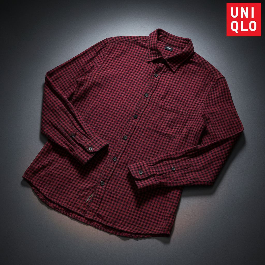 Uniqlo Kemeja Tangan Panjang Flanel Tartan Katun Merah