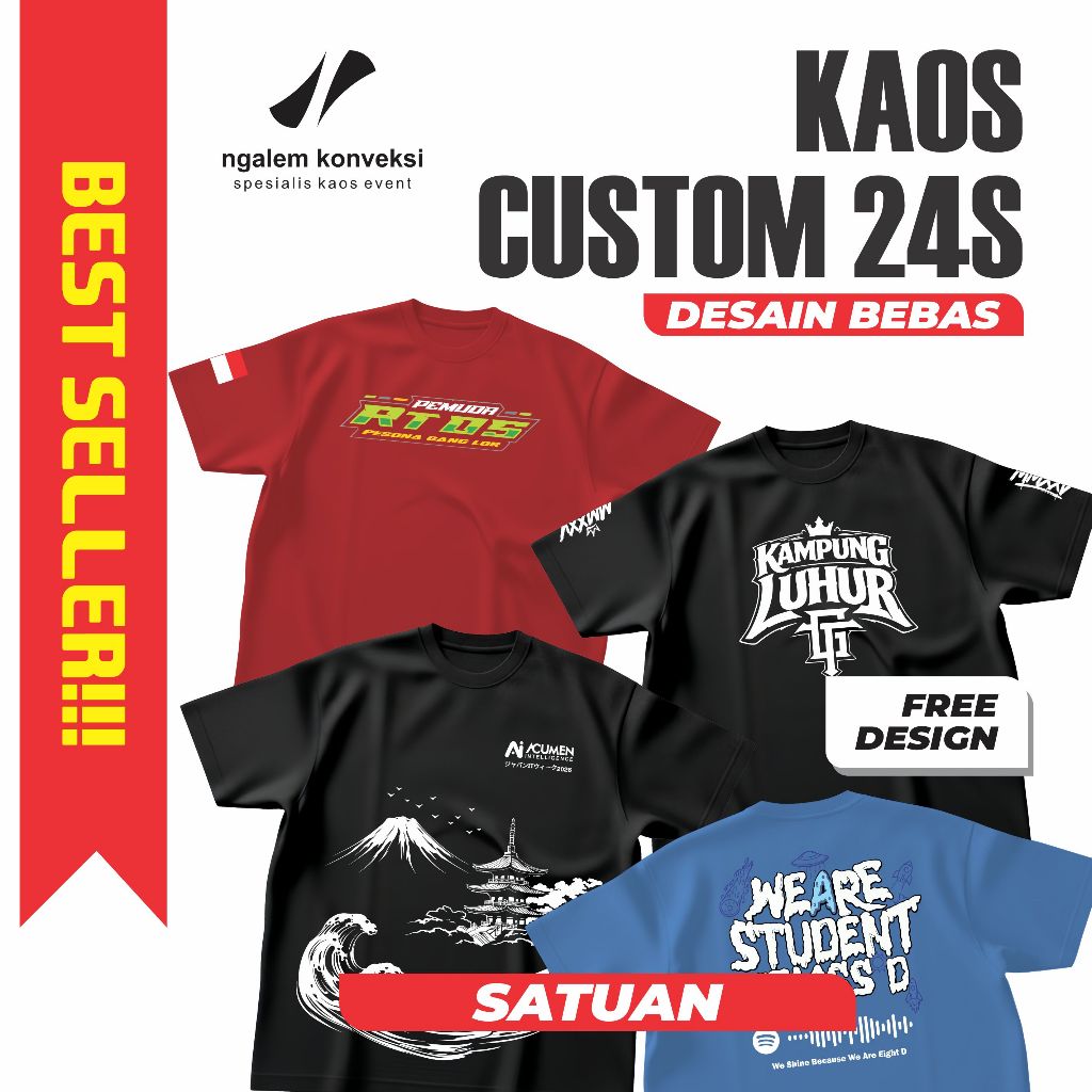 Sablon Custom Kaos Satuan, Lusinan, Bahan Katun, Bikin Kaos Custom T-Shirt Cotton Combed 24s Knitto