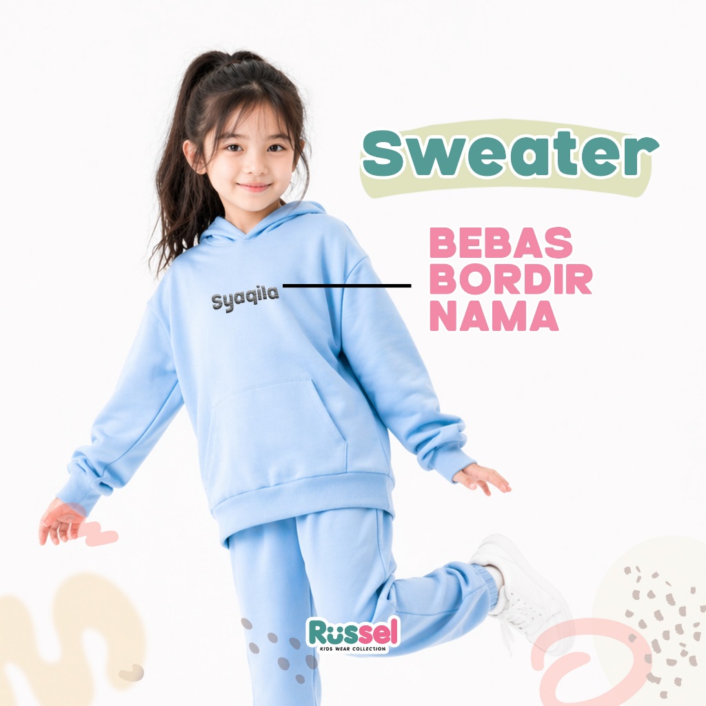 Setelan Sweater Hoodie Polos Anak Bordir Nama
