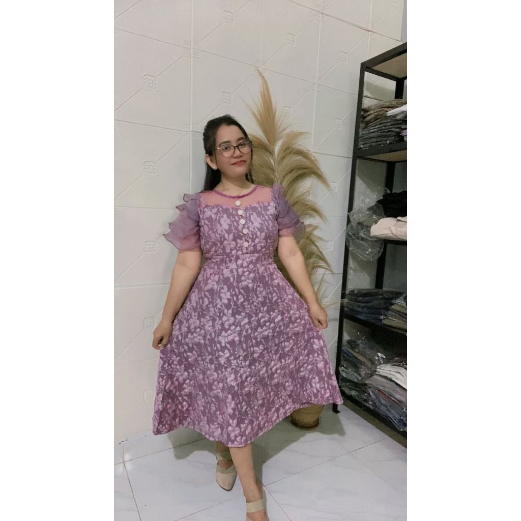 Dress jaguar mewah mix lengan organza premium
