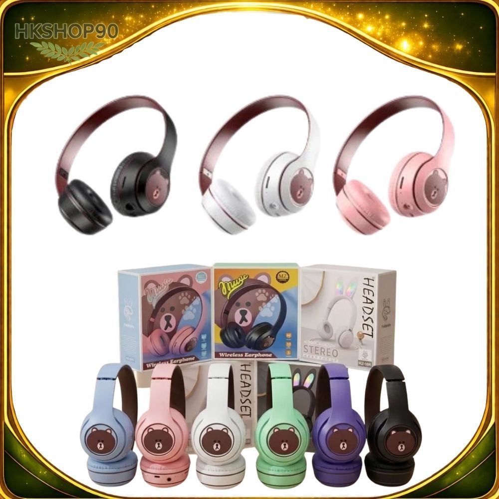 Headphone Wireless Beruang MZ002 Bluetooth V5.3 Headset Full Bass Stereo Cartoon Bear Face Stereo Fo