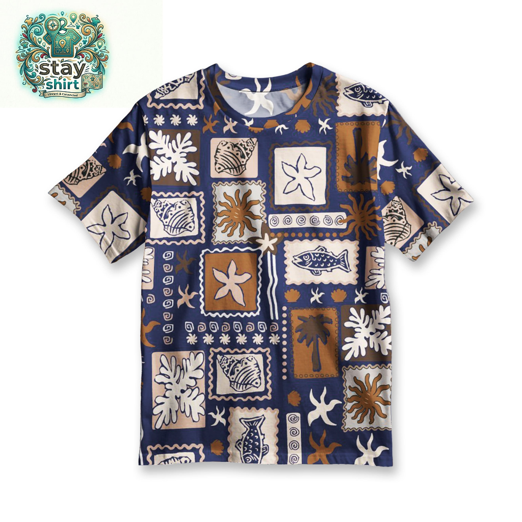 STAYSHIRT Kaos Fullprint Marine Life Stamp - Baju Kaos Motif Ikan Bintang Laut Blue Navy KSTY77