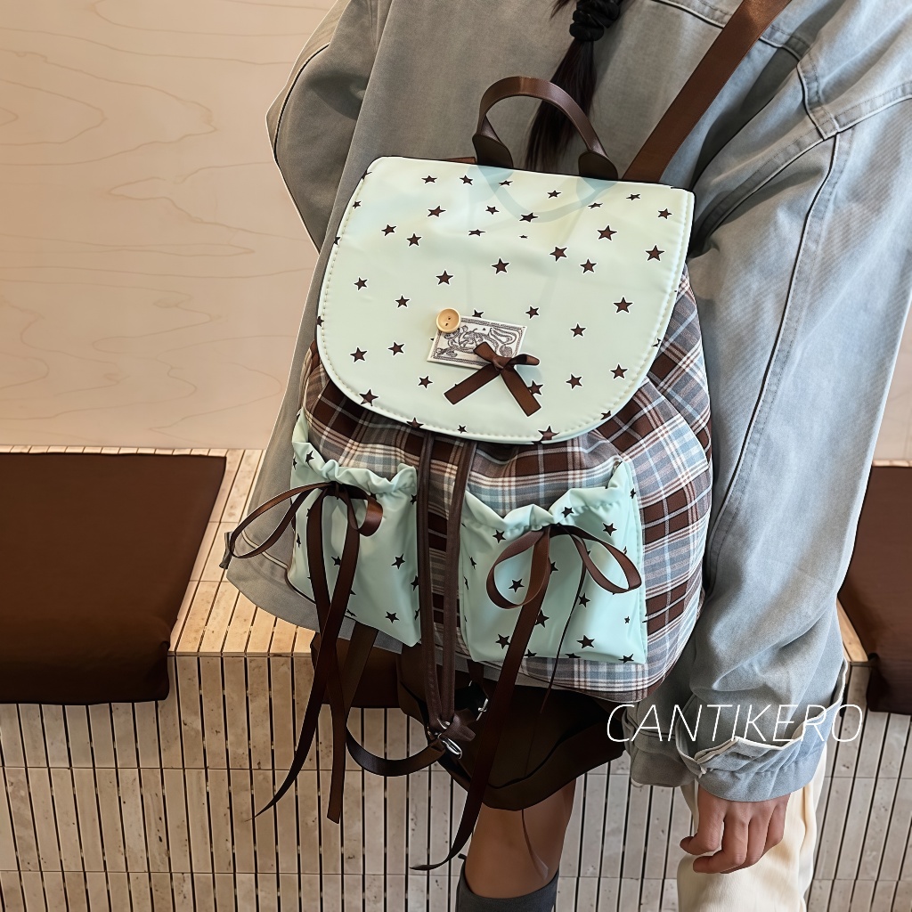 CANTIKERO Tas Ransel Wanita Korean Style Kotak Kotak Lucu Pita Bintang Kapasitas Besar Ringan Model 