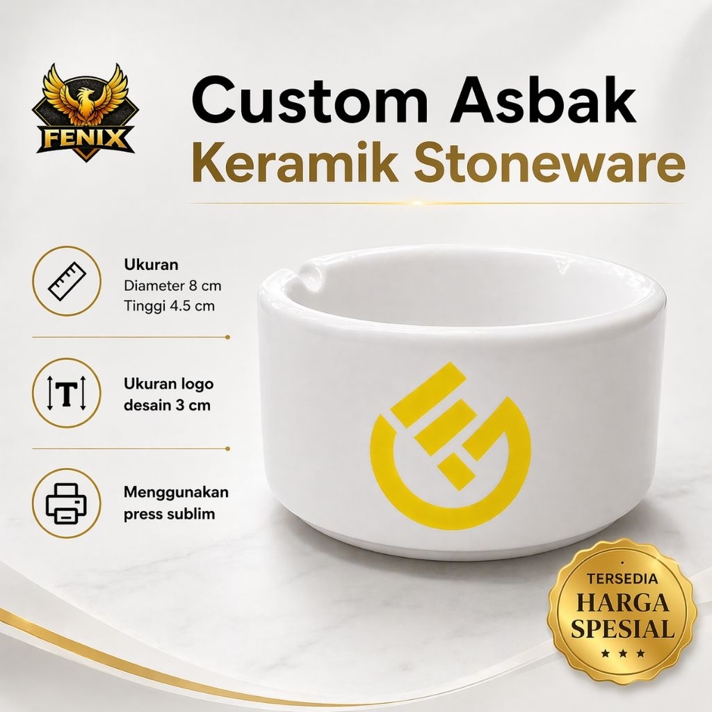Custom Asbak Keramik White Coating | Cetak Logo Full Color DTF UV | Asbak Premium Tahan Air & Mengki