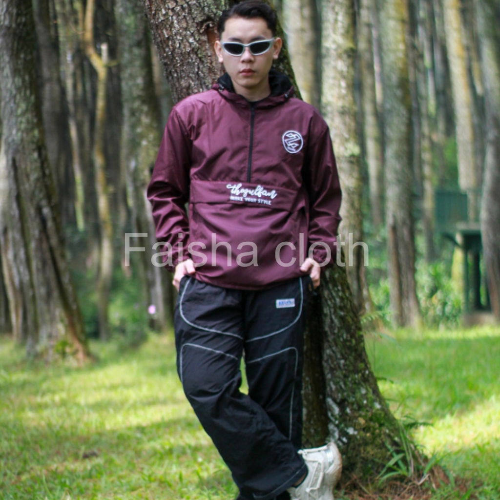 Jaket pria wanita cougle unisex dengan bahan parasut model kangguru kantong doraemon