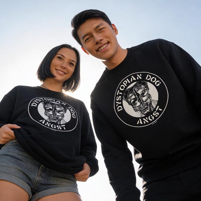 Sweater DYSTOPIAN DOG ANGST Crewneck Unisex Sweatshirt Bahan Cotton Fleece Adem & Nyaman || REALPIC 