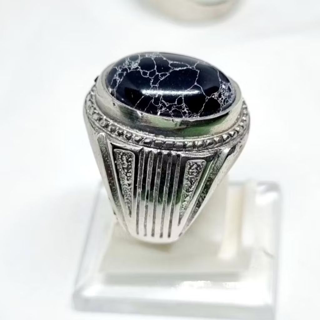 cincin batu akik pirus hitam urat putih ring alpaka super