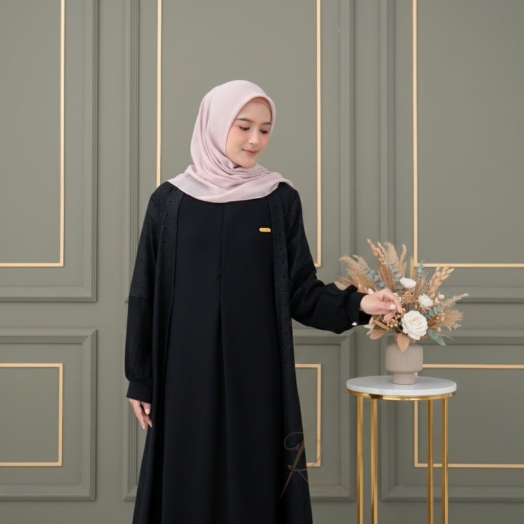 Abaya Hitam Embos Geometri Lengan Balon Refaze – Gamis Muslimah Kekinian Jetblack