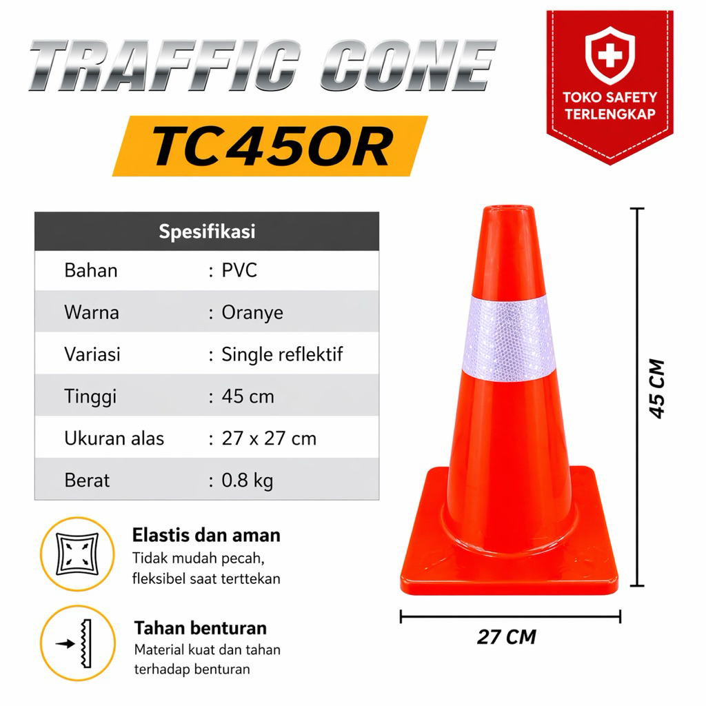 TRAFFIC CONE PVC 45CM - TRAFFIC CONE ELASTIS 45 CM