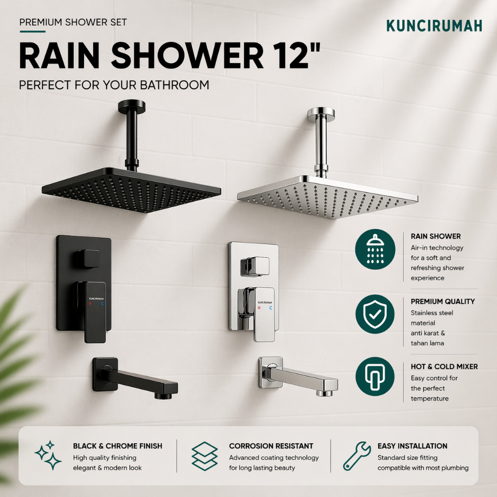 Rain Shower set kuningan hitam Shower tanam Plafon 12 inch black