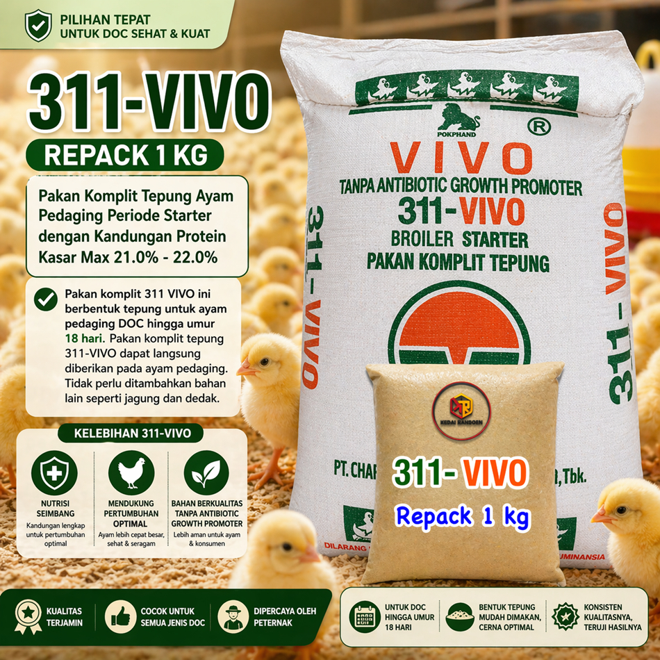 Pakan Ayam 311-VIVO Repack 1kg | Pakan DOC Broiler Starter Tanpa Antibiotik | Cepat Besar & Sehat