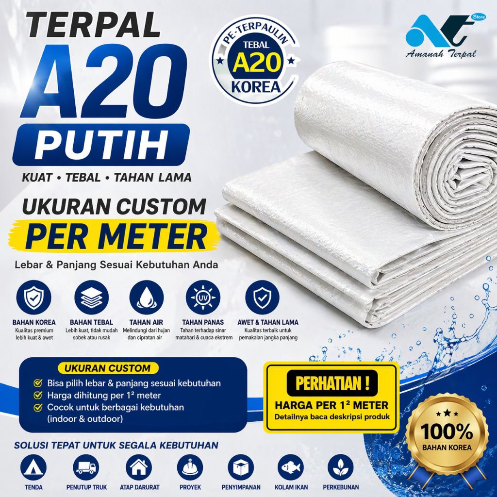 Grosir  Terpal Korea A20 Putih White Meteran Ukuran Custom Bebas untuk tenda terop tutup truck truk
