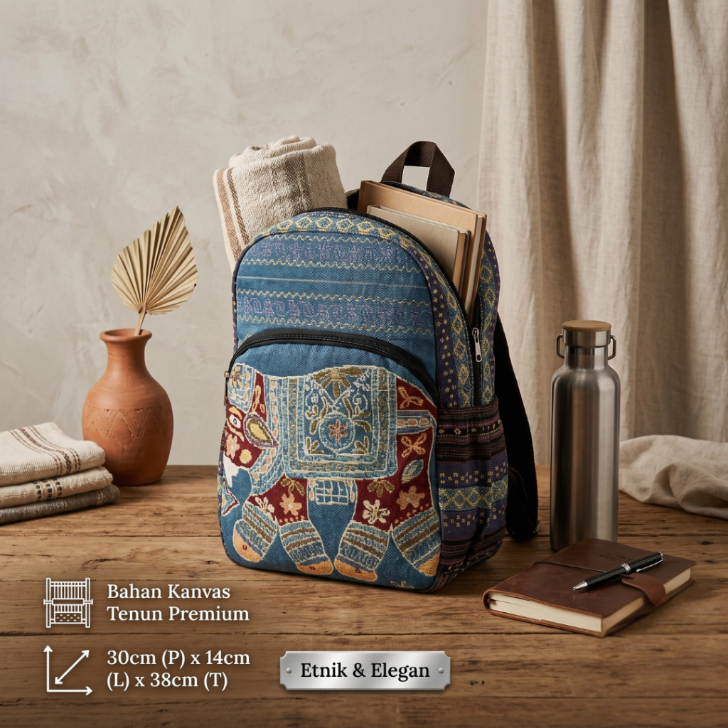 Tas Ransel Stylish Backpack kanvas tenun gajah thailand tas punggung besar wanita simple jalan jalan
