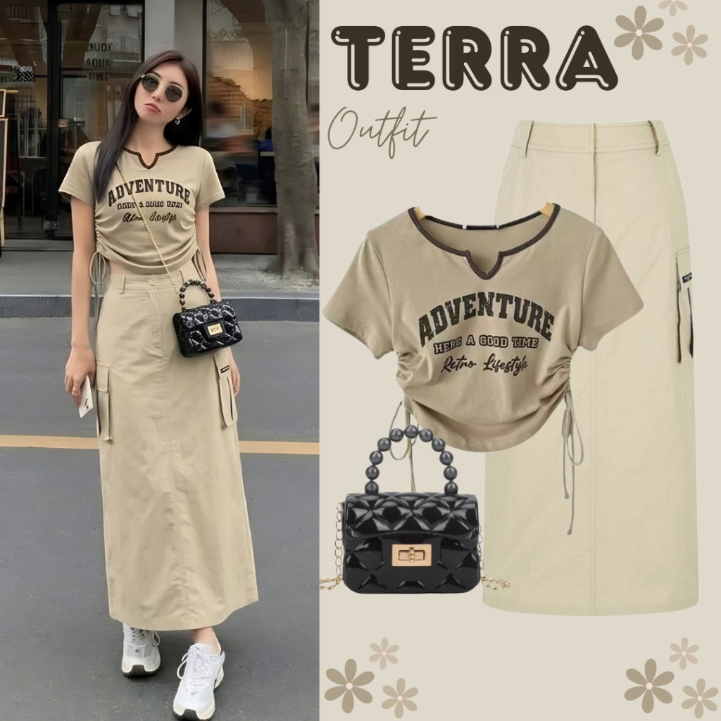 Oneset Wanita 3in1 Cargo Skirt Viral | Kaos Serut + Rok Cargo + Bag | Outfit Kekinian Konser & Sport