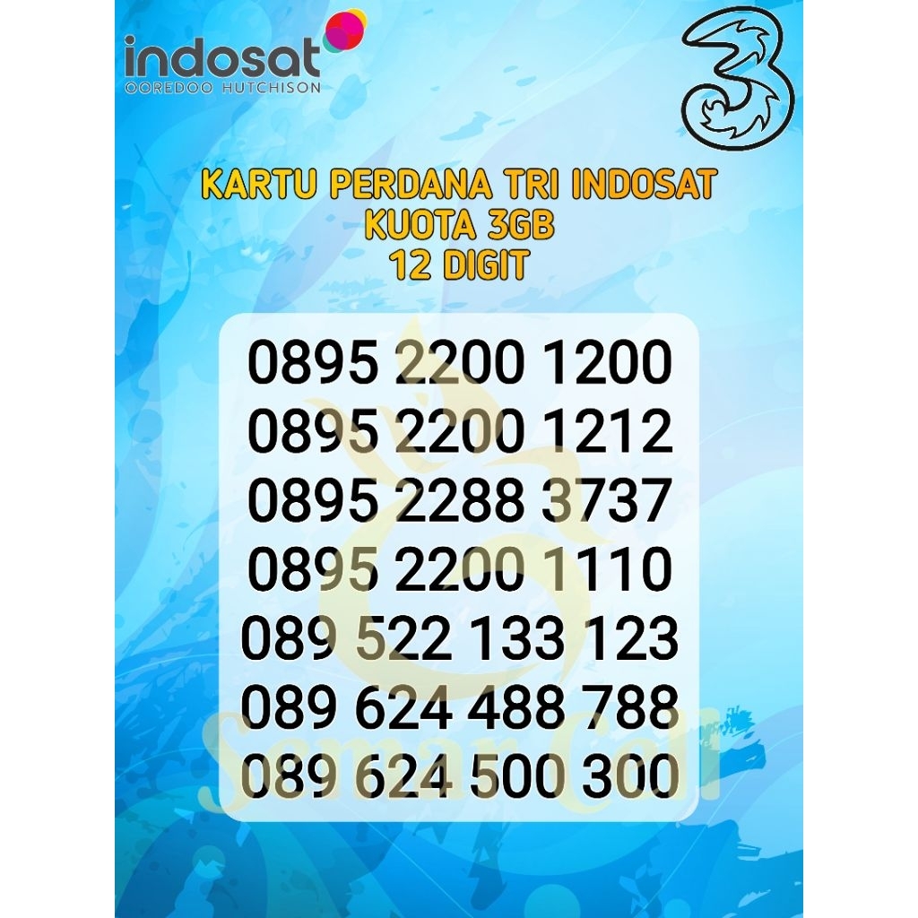 KARTU PERDANA NOMER CANTIK, KARTU PERDANA KUOTA 3GB TRI