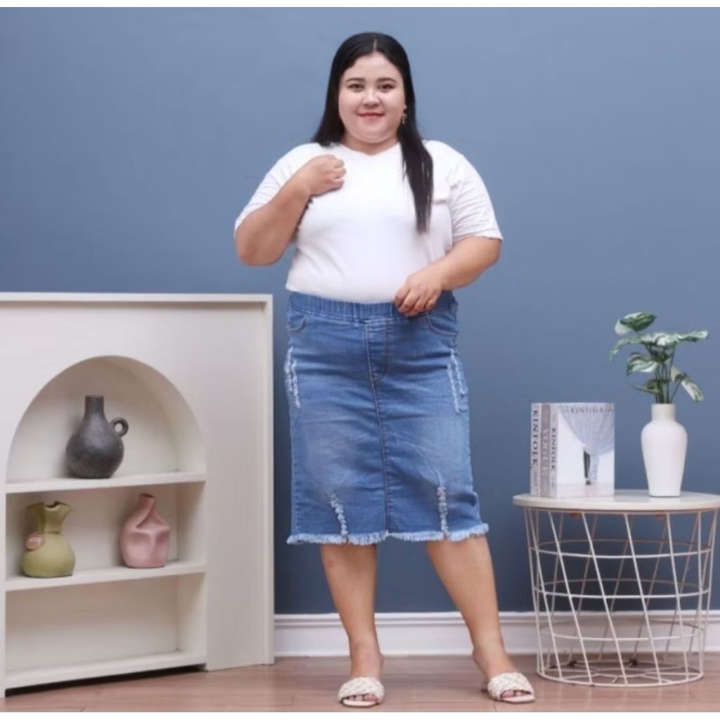 Rok Span Jeans Pendek Wanita Kekinian Pinggang Karet Size Jumbo