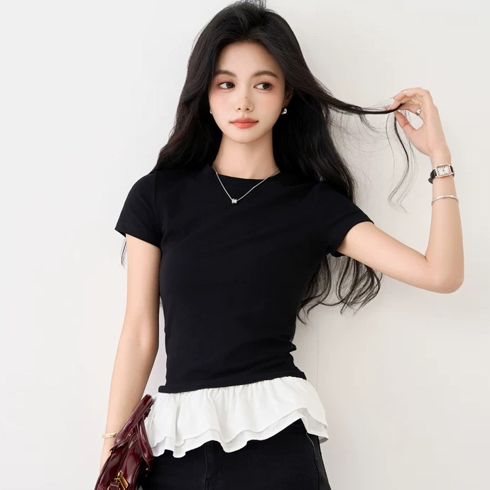 Atasan Wanita Lengan Pendek Kombinasi Hitam Putih | Blouse Korea Style Ruffle Hem Casual Elegan Slim
