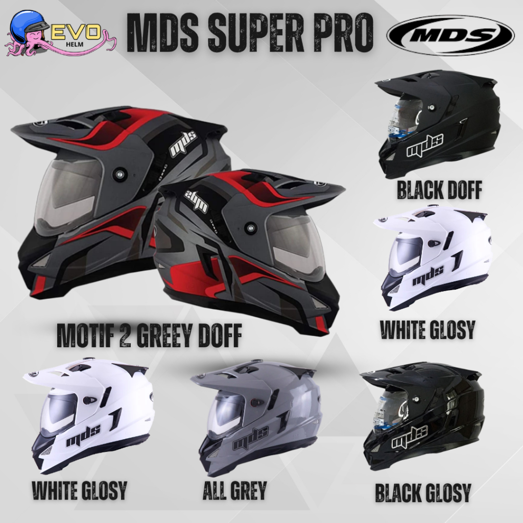 MDS SUPER PRO HELM FULL FACE SUPERMOTO DOUBEL VISOR SOLID / MOTIF PRIA & WANITA DEWASA ORIGINAL SNI