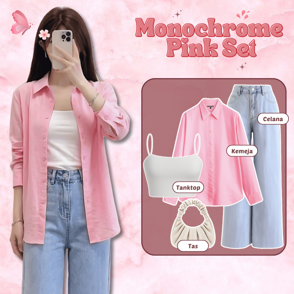 One Set Wanita Kekinian - Kemeja Basic + Tanktop + Kulot Jeans + Hijab - Outfit Remaja Korea