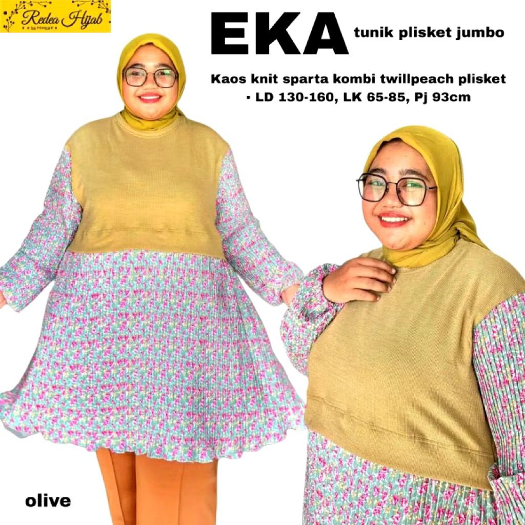 Atasan Wanita Muslimah Eka Jumbo Tunik Bahan Kaos Knit Kombi Twilpeach Plisket Motif Bunga LD130-150