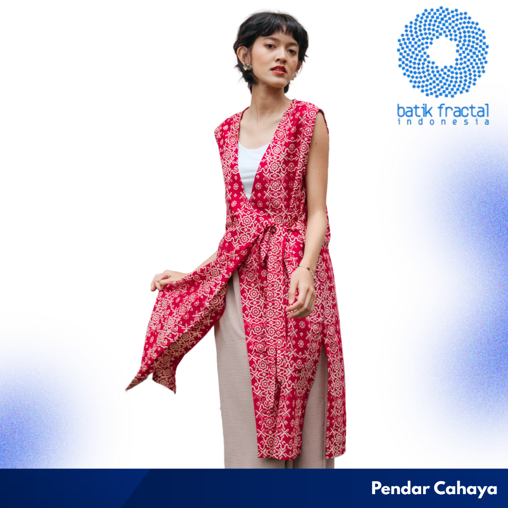 Batik Fractal Soraya Outer Wanita V Neck Tanpa Lengan Motif Arka Merah Salem – Stylish Outerwear Mod