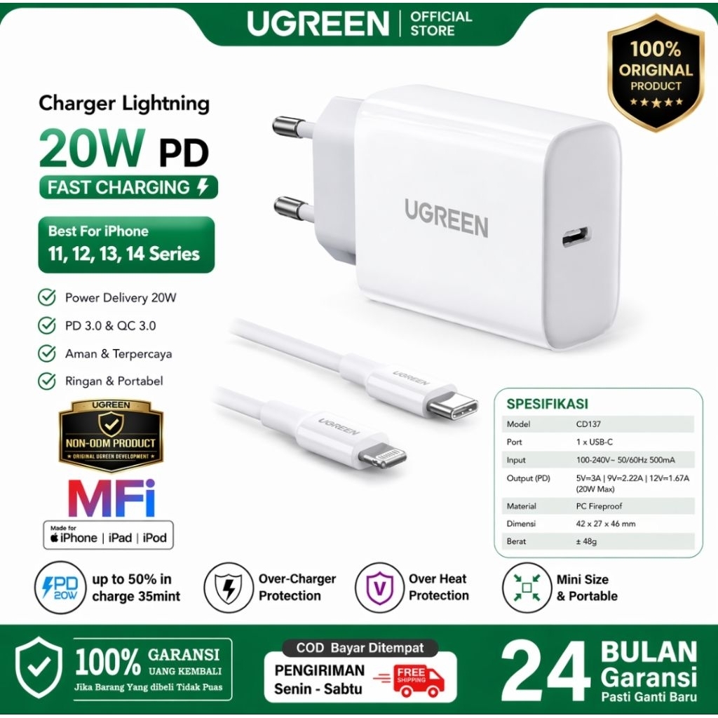 UGREEN Charger iPhone 20W PD Fast Charging USB-C Original MFi Adaptor Cas Cepat iPhone 11 12 13 14 5