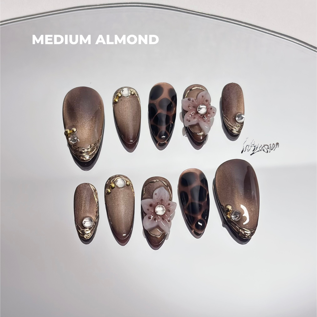 Nail Art Press On Brown Cat Eye Leopard Flowers Fake Nails Kuku Palsu