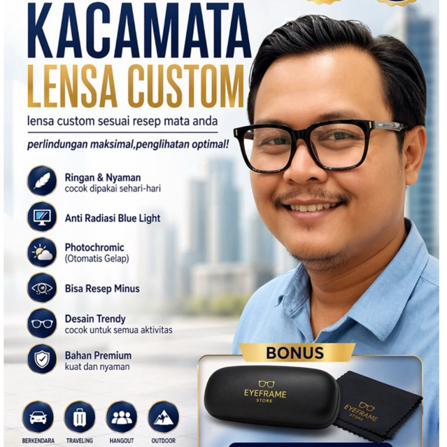 Frame Kacamata BERNUS ITALY DESIGN (Tipe Kotak Besar) - Lensa Custom Resep Optik B01 photocromic