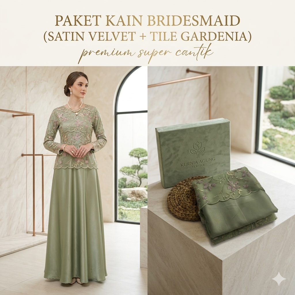 Paket Kain Bridesmaid Satin Velvet + Tile Gardenia Motif Timbul Warna SAGE GREEN Premium Super Canti