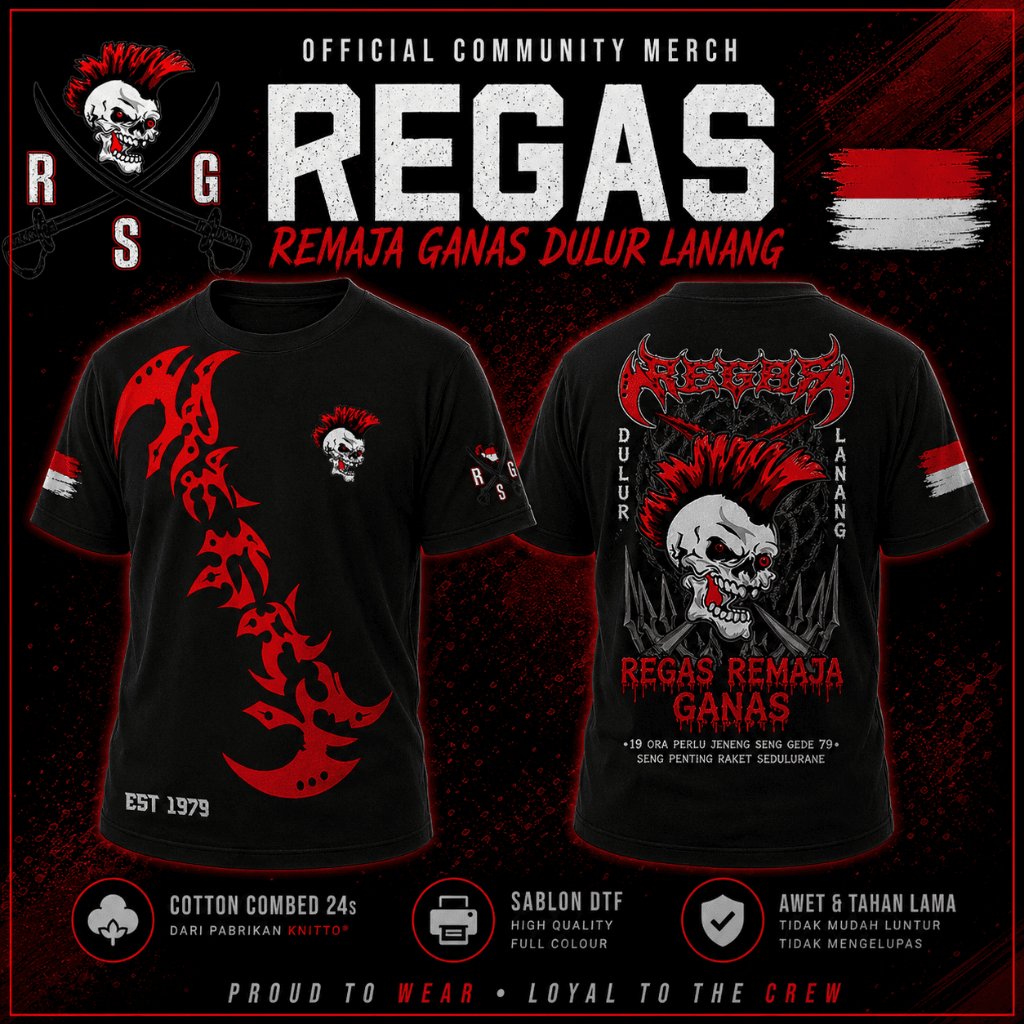 Kaos REGAS DULUR LANANG Lengan Pendek FULL PUNGGUNG Cotton Combed 24s KNITTO Kaos Regas