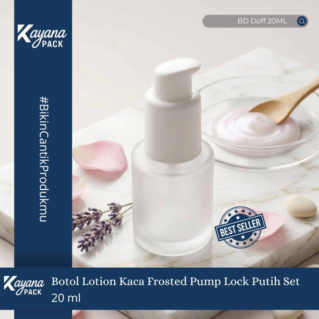 BOTOL FOUNDATION KACA FROSTED DOFF 20ML PUMP LOCK PUTIH SET / BOTOL LOTION KACA DOFF 20 ML PUMP LOCK
