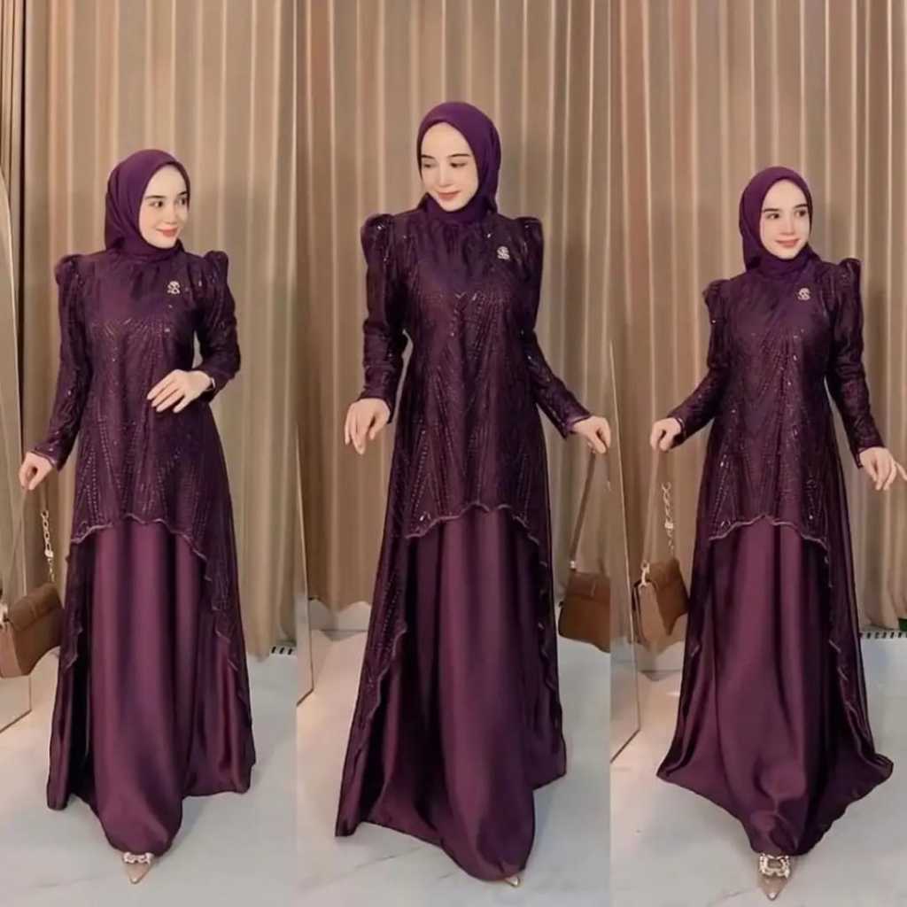 Mazaya Dress Gamis Bini Orang Velvet Mix Brukat Spanggel Gamis Pesta tali Pinggang Menyatu Terbaru