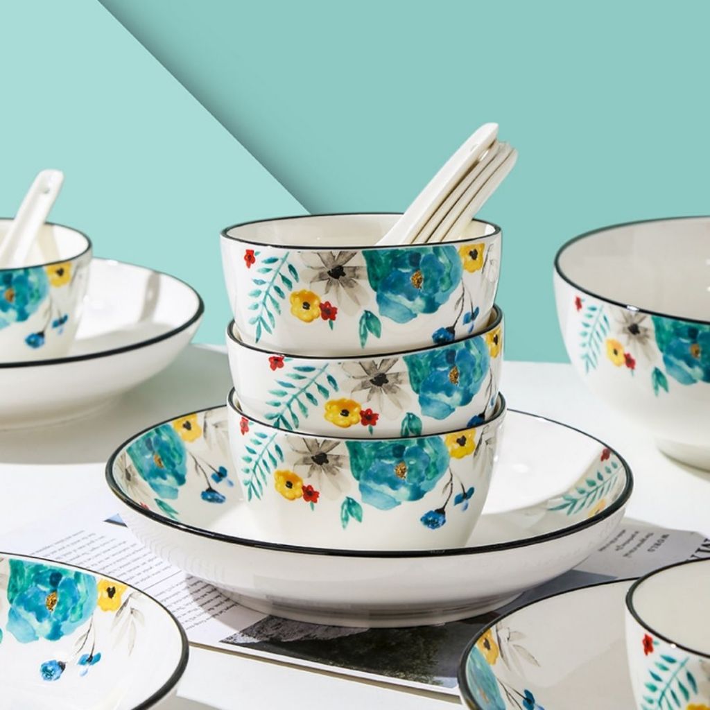 Mampiryokk - Set Piring Makan Azure / Dinnerware Set / Piring Makan Keramik Corak Oriental List Gold