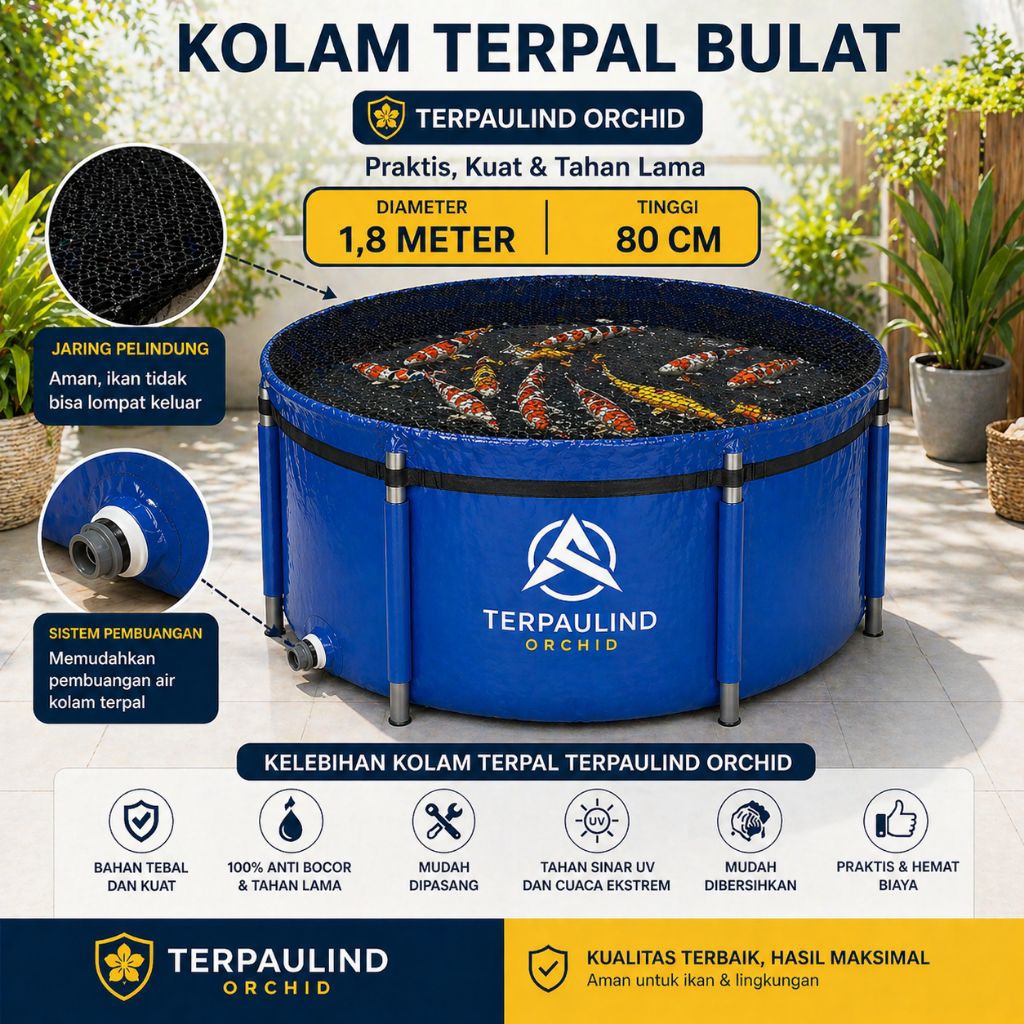 Vat Kolam Terpal Diameter 1,8M tinggi 80CM Full Set Untuk Ikan Bentuk bulat Merk Orchid
