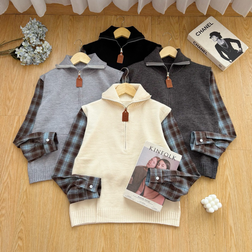 Diamore | SHELBY BLOUSE | BLOUSE KNIT MIX FLANEL PREMIUM | BLOUSE MOTIF KOTAK WANITA PREMIUM