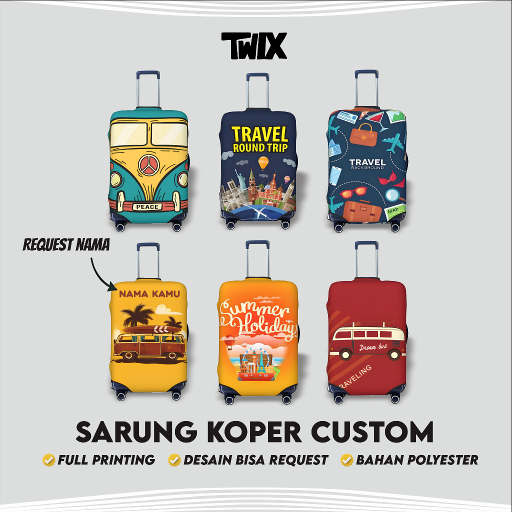 Sarung Koper Custom Unik Full Printing Tema Traveling Request Nama Pelindung Koper Request Nama